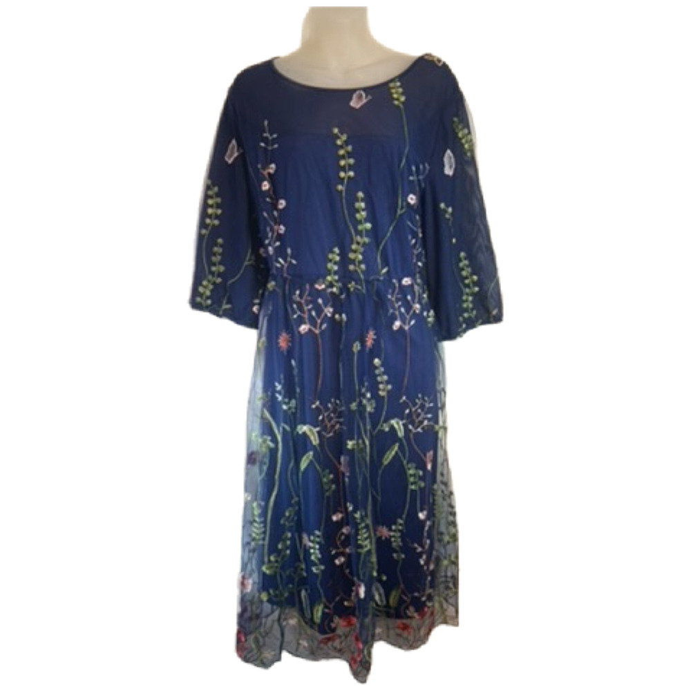 BloomChic Embroidered Mesh Midi Dress Blue Floral Sheer Overlay NWT W Size 14/16